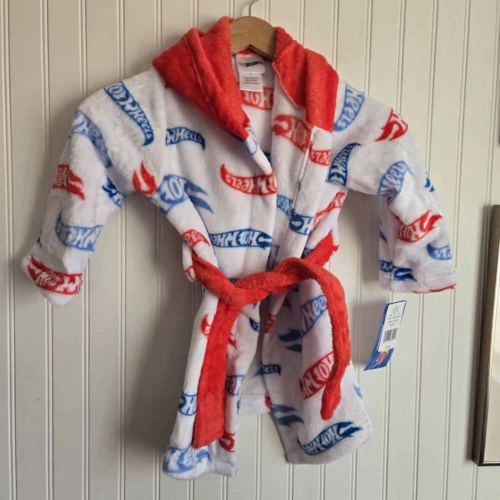 Hot Wheels Kids' Plush Hooded Robe in White with Red & Blue Logos